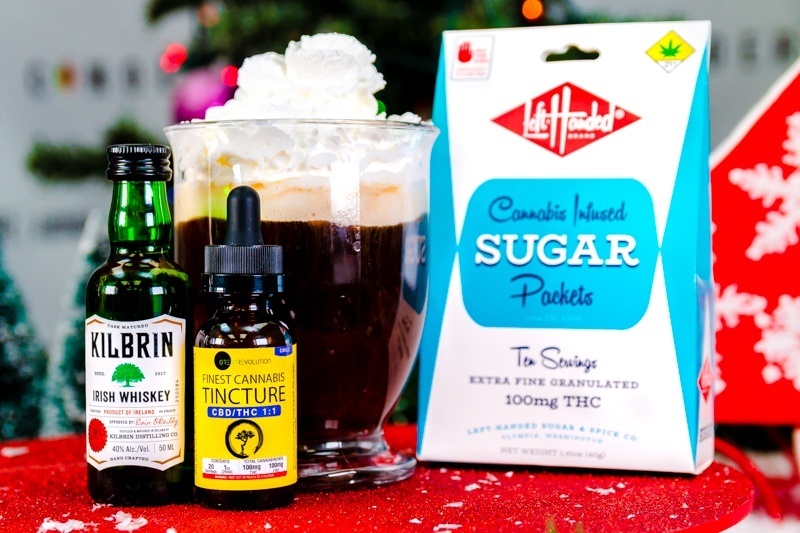 Cocktail Next to Whiskey, Cannabis Tincture and Cannabis Infused Sugar Packet