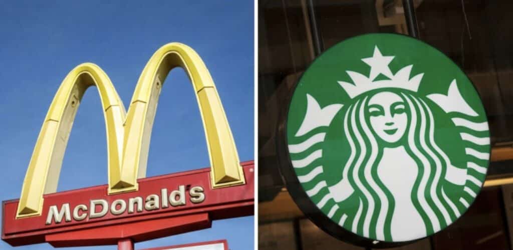 McDonalds Sign, left, and Starbucks sign, right