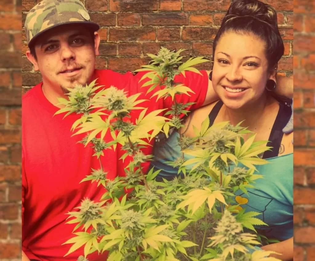 Angelina Torres and Teddy Segura with baby cannabis plants t-n-a farms
