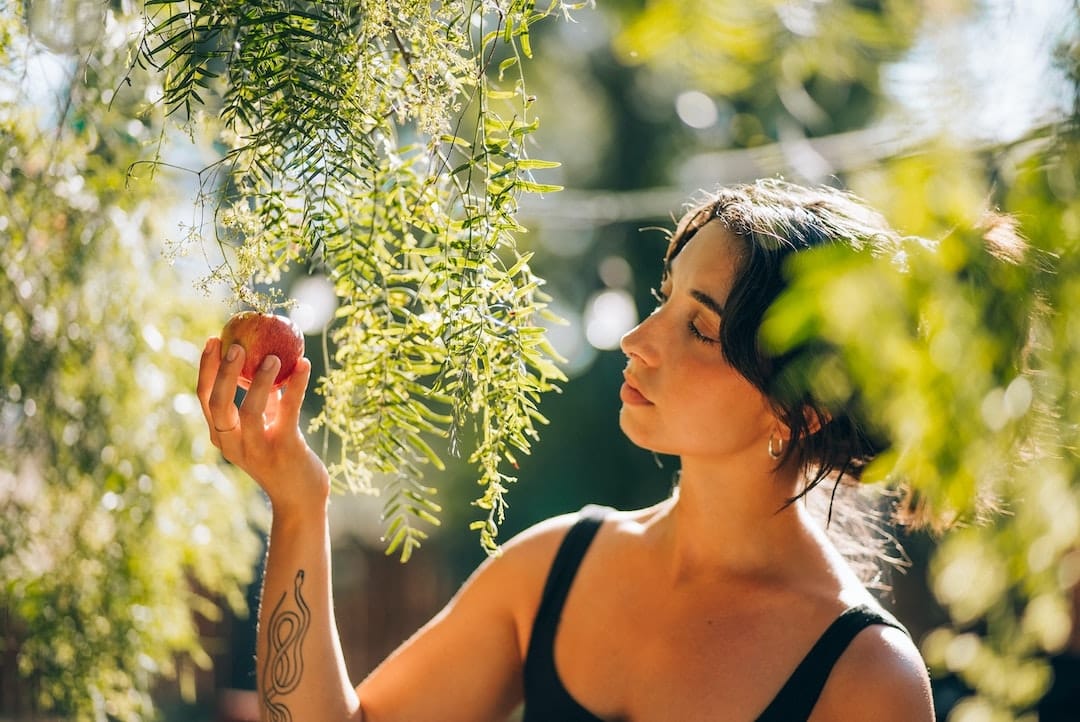 Woman Reaching for Apple to Represent the Strain Forbidden Fruit from Root Down