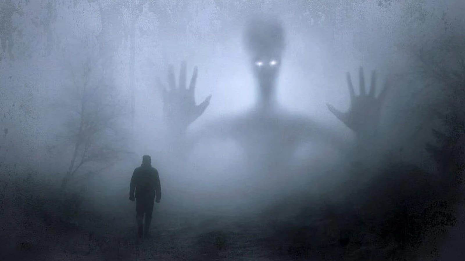 Man in a Foggy Forest with a Large Entity in the Background - Visual Representation of a Nightmare