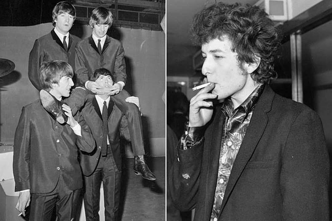 The Beatles (George Harrison, John Lennon, Ringo Starr, and Paul McCartney) on Left and Bob Dylan on Right