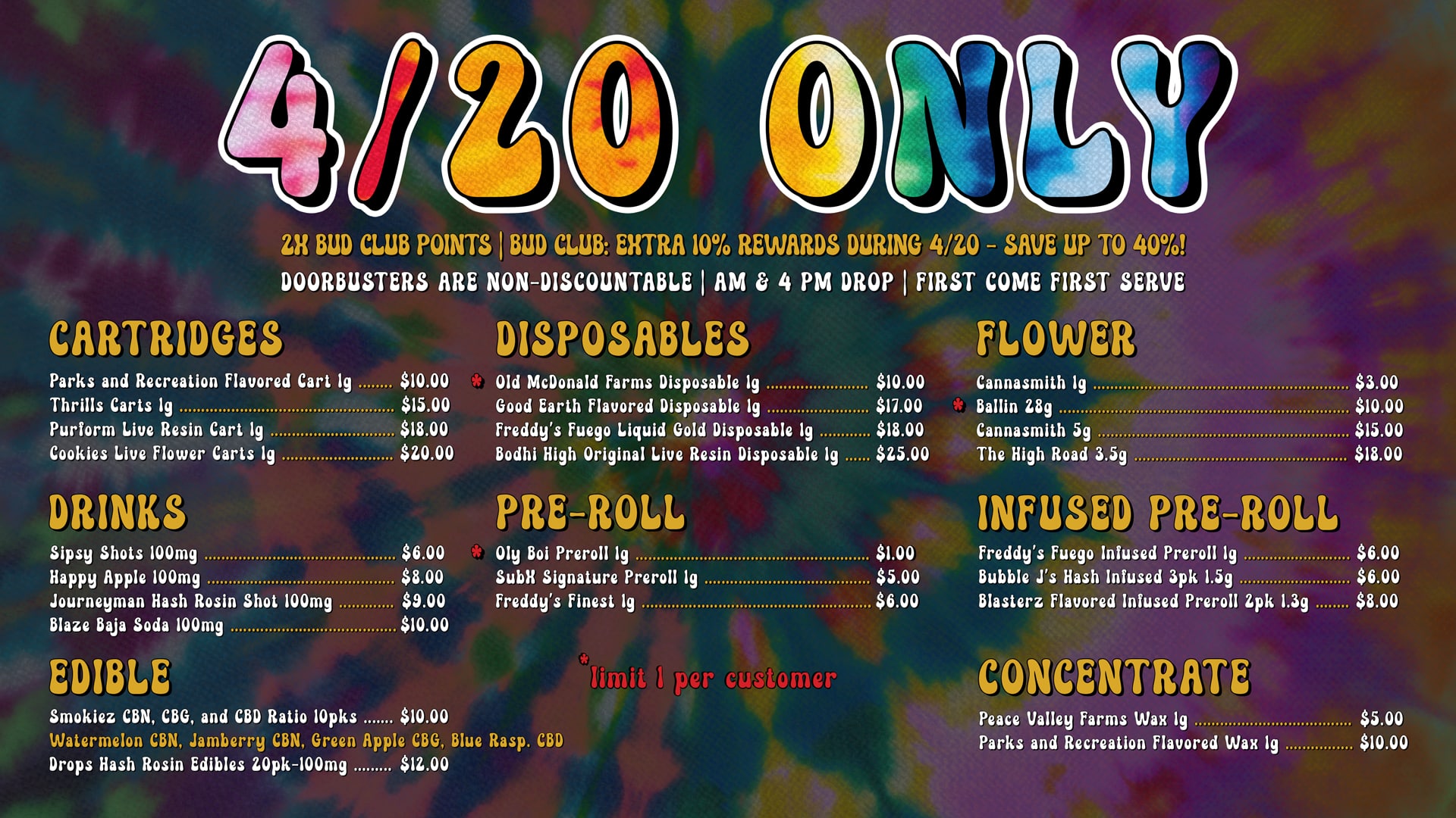 420 Doorbuster Menu at Cinder Cannabis Dispensary in Spokane Washington