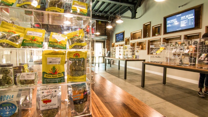 Display cases at the downtown Cinder store showcasing flower from Natural Mystic Farms
