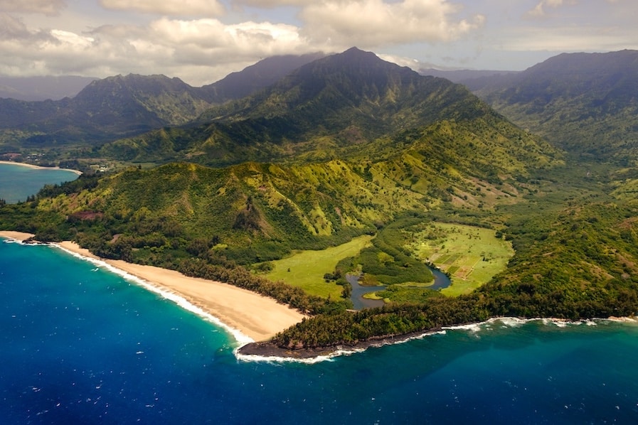 Aerial landscape view of shoreline at Na Pali coast, Kauai, Hawaii, USA