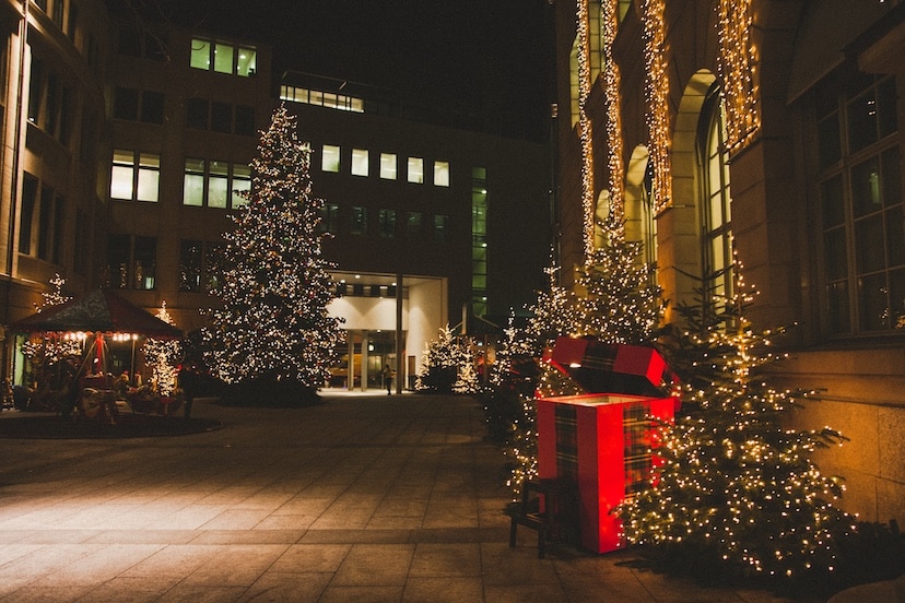 Christmas Decorations Lining a Sidewalk