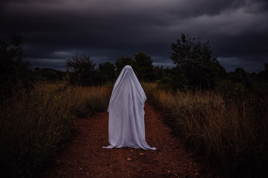 Person in a ghost sheet standing in a field on a dark cloudy day