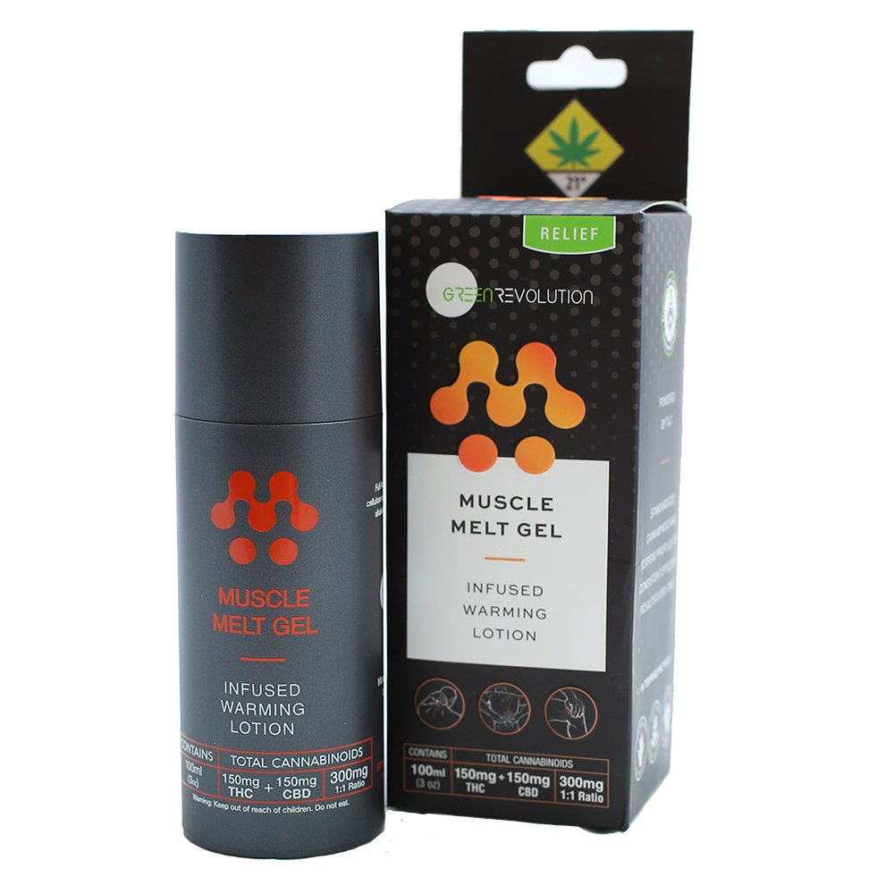 Stick of Green Revolution Muscle Melt Gel Next to the Box