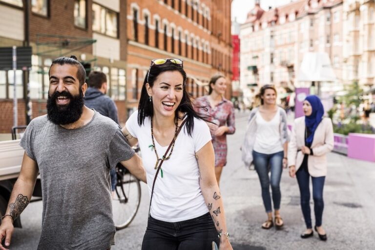 Group of friends walking downton city street