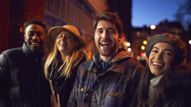 Portrait Of Group Of Friends In City Outdoors On Night Out Together