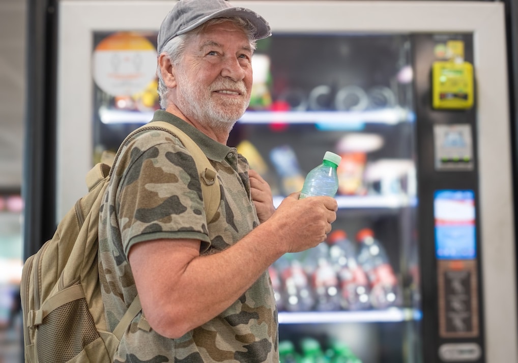 Smiling older military veteran holding a water bottle